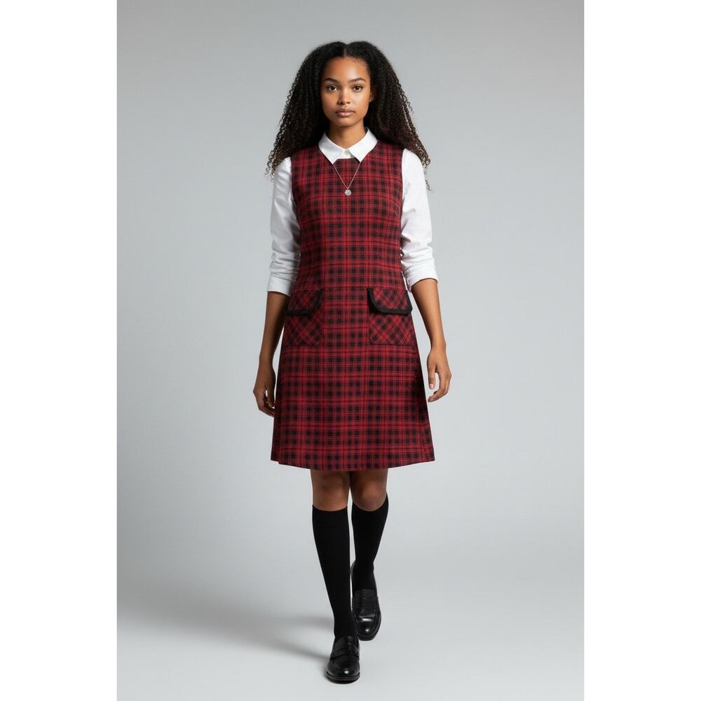 Tommy Hilfiger Women 10 Red Black Tartan Plaid Jumper Dress Preppy Dark Academia - Picture 3 of 13
